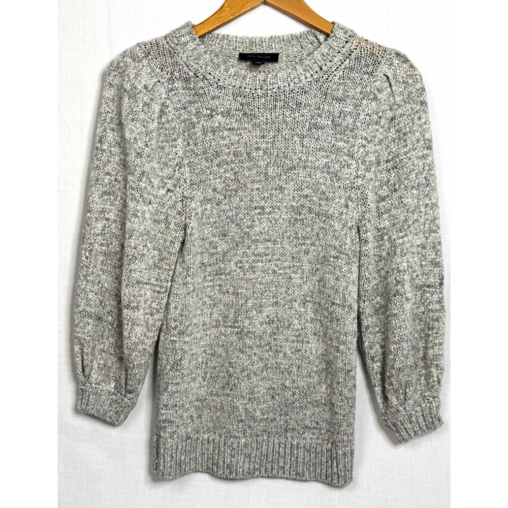 S Ann Taylor Gray Knit Pullover Sweater, Crew Neck, 3/4 Sleeve, puff sleeves
